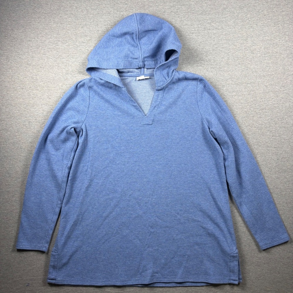 Pure Jill Hoodie Medium Blue Waffle Knit V-Neck Pullover Tunic Loungewear
